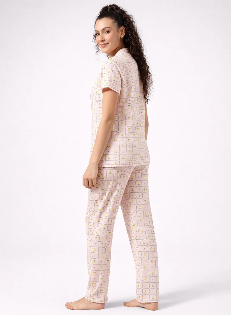 كلوفيا Printed Button-Down Shirt & Pyjama Set in Peach Colour - 100% Cotton